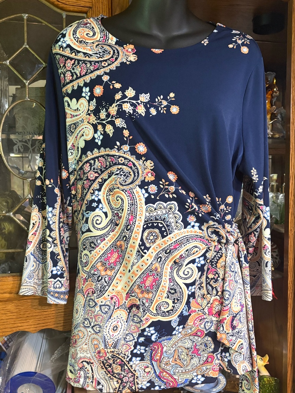 Chico's Navy Blue Paisley Faux Wrap Blouse